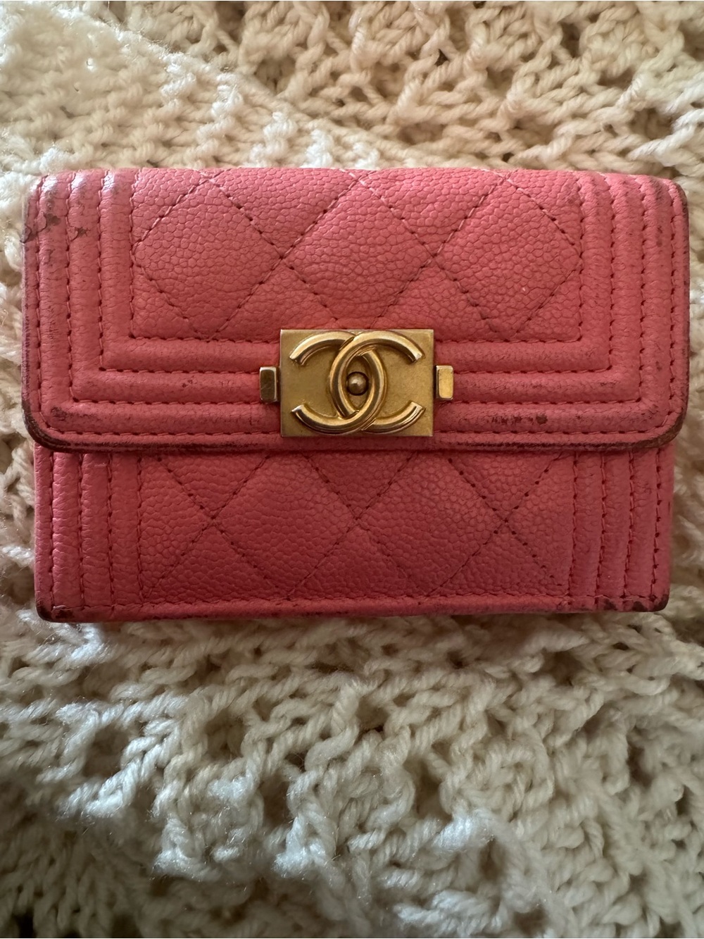 Authentic Chanel Boy Pink Caviar Leather Trifold Wallet Aged Gold Hardware - Picture 2 of 16